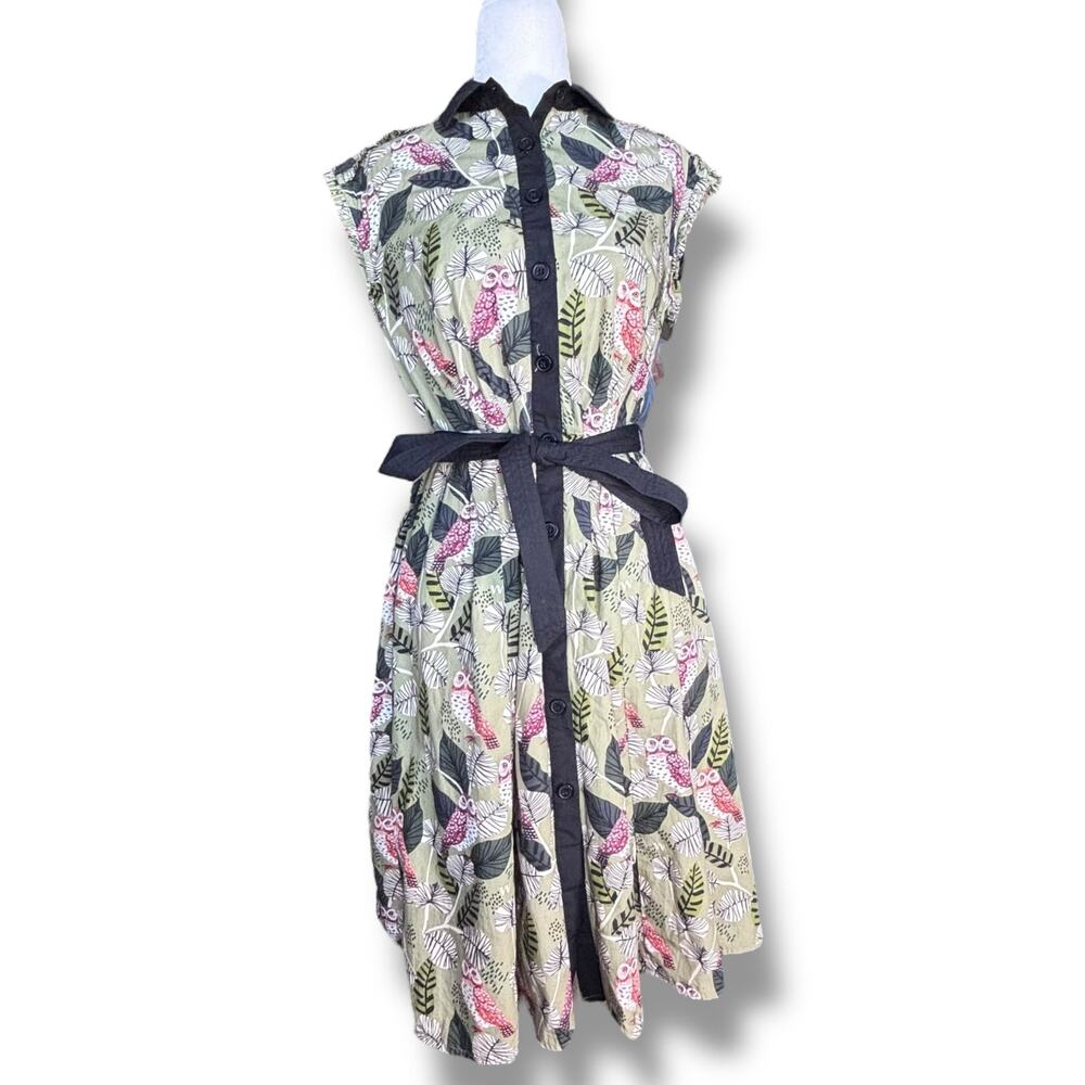 eShakti Owl Print Green Button Front Cotton Shirt Dress Belted Size 6 Small